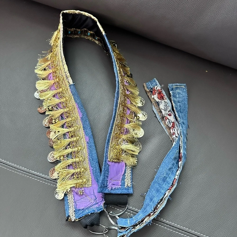Artisan Denim Belt Tribal goddess belly dancer, shimmy gold coin fringe signed